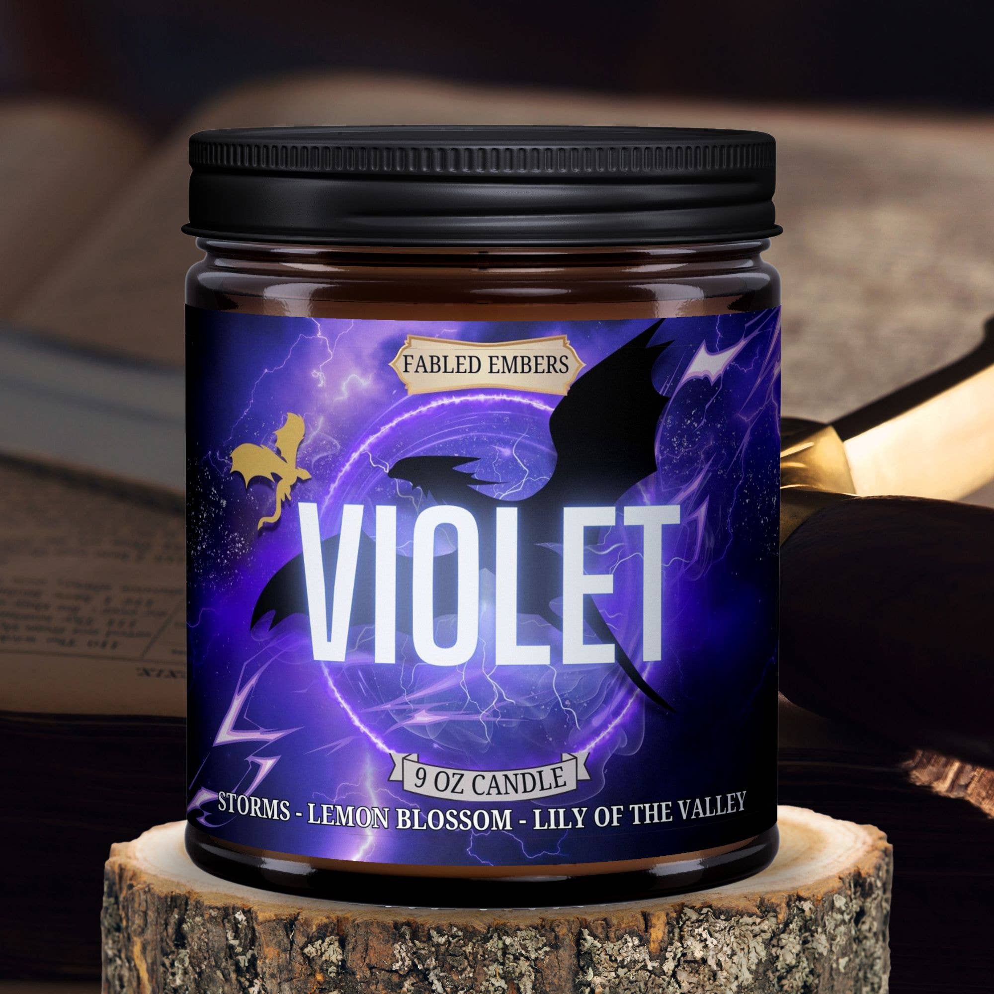 FABLED EMBERS* 9 ounce VIOLET Candle in Amber Glass | Book Lovers | dragons